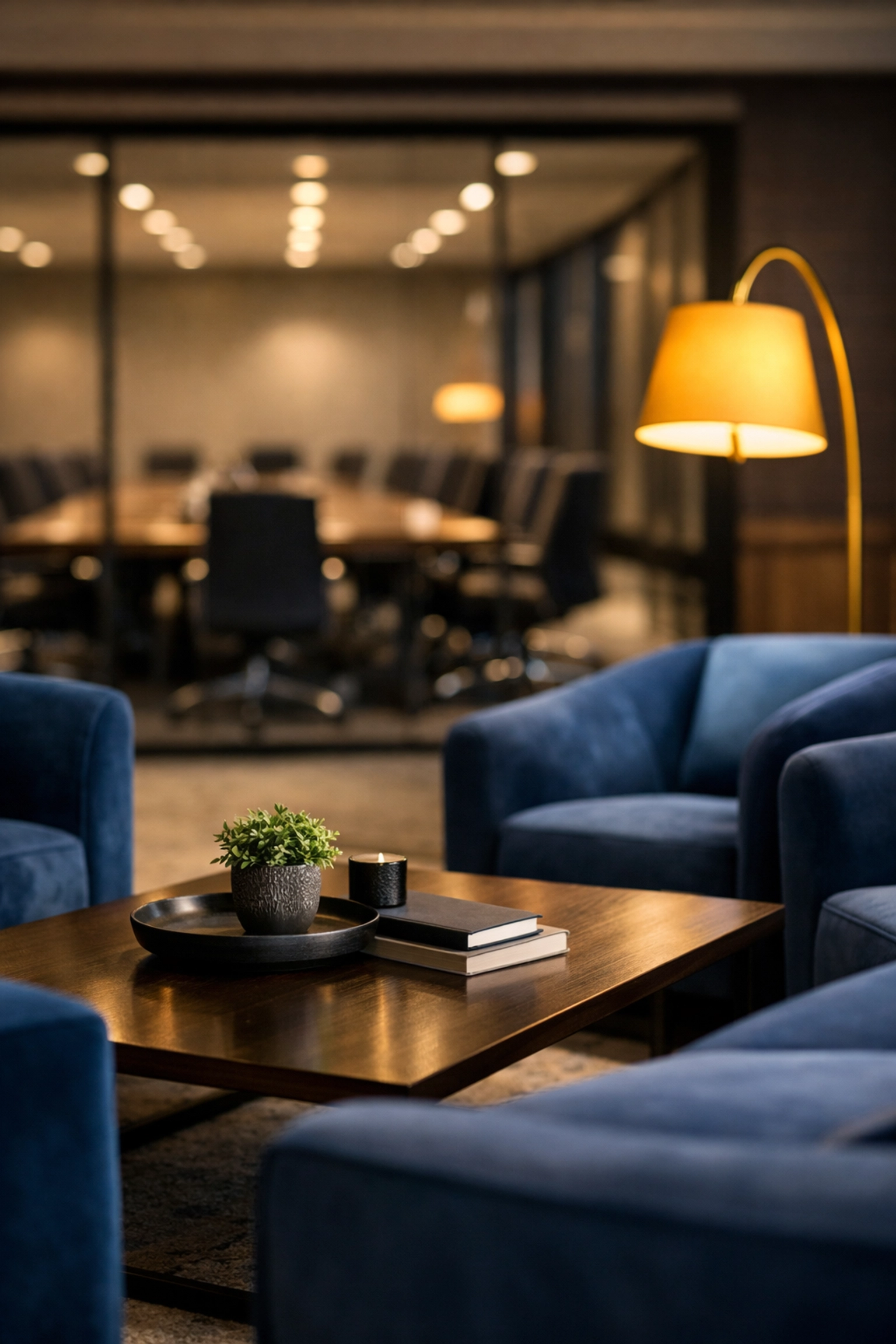 Modern co-working lounge featuring clean blue velvet seating and a glass conference room.