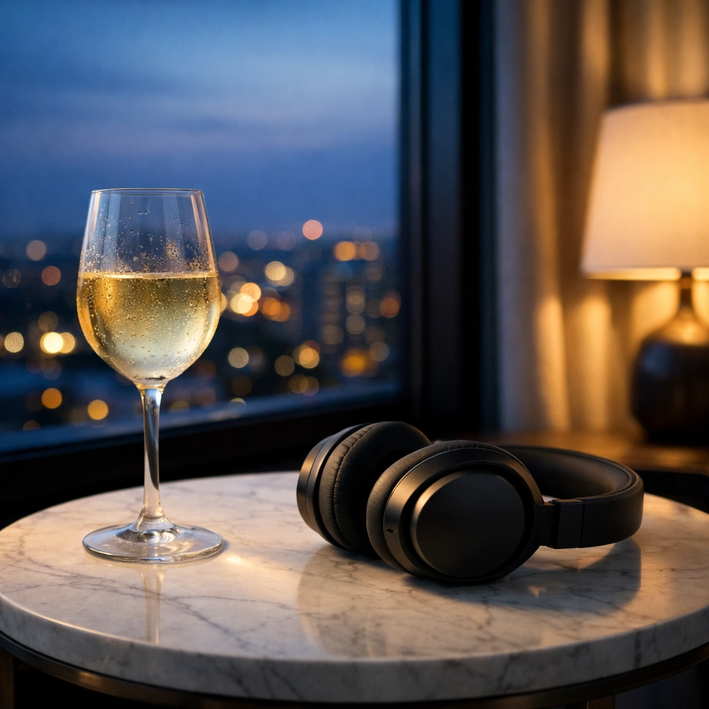 Wine glass and headphones on a marble table overlooking a city for bleisure work-life balance.