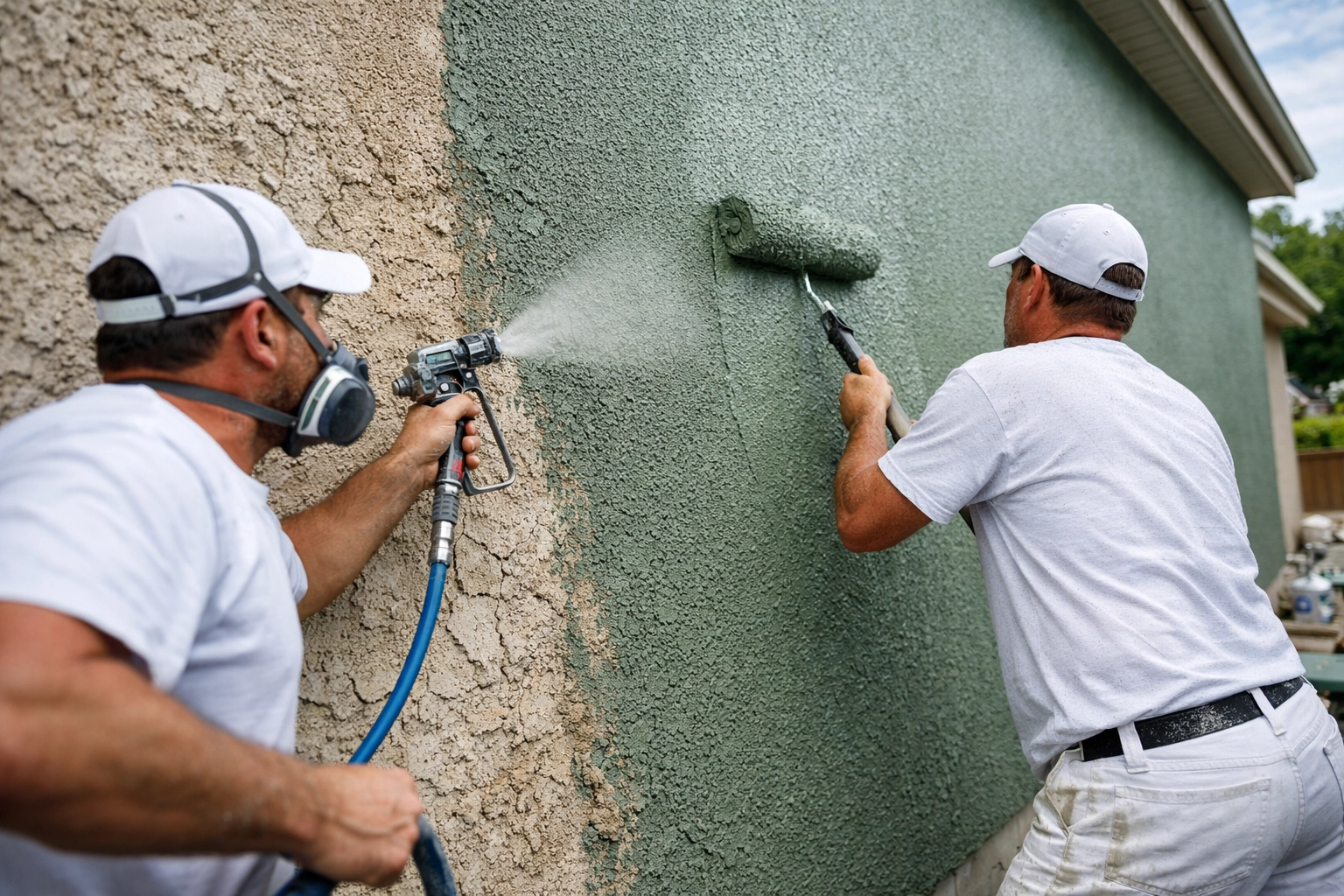 Professional painters applying sage exterior paint to textured stucco using spray and back-roll.