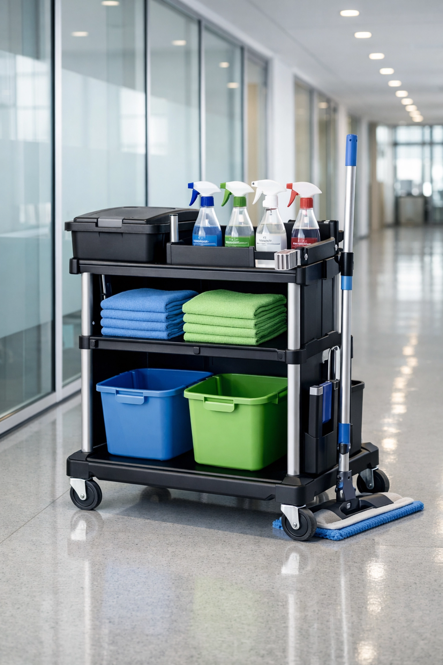 Professional commercial cleaning trolley with organized supplies and mop system in a modern office hallway.