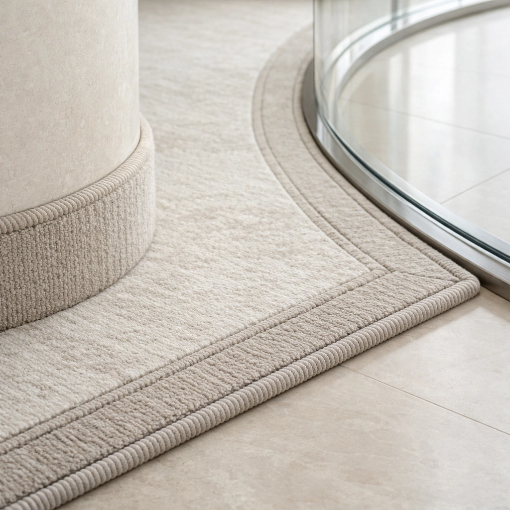 Bespoke carpet installation wrapping curved architectural column with precise tailoring