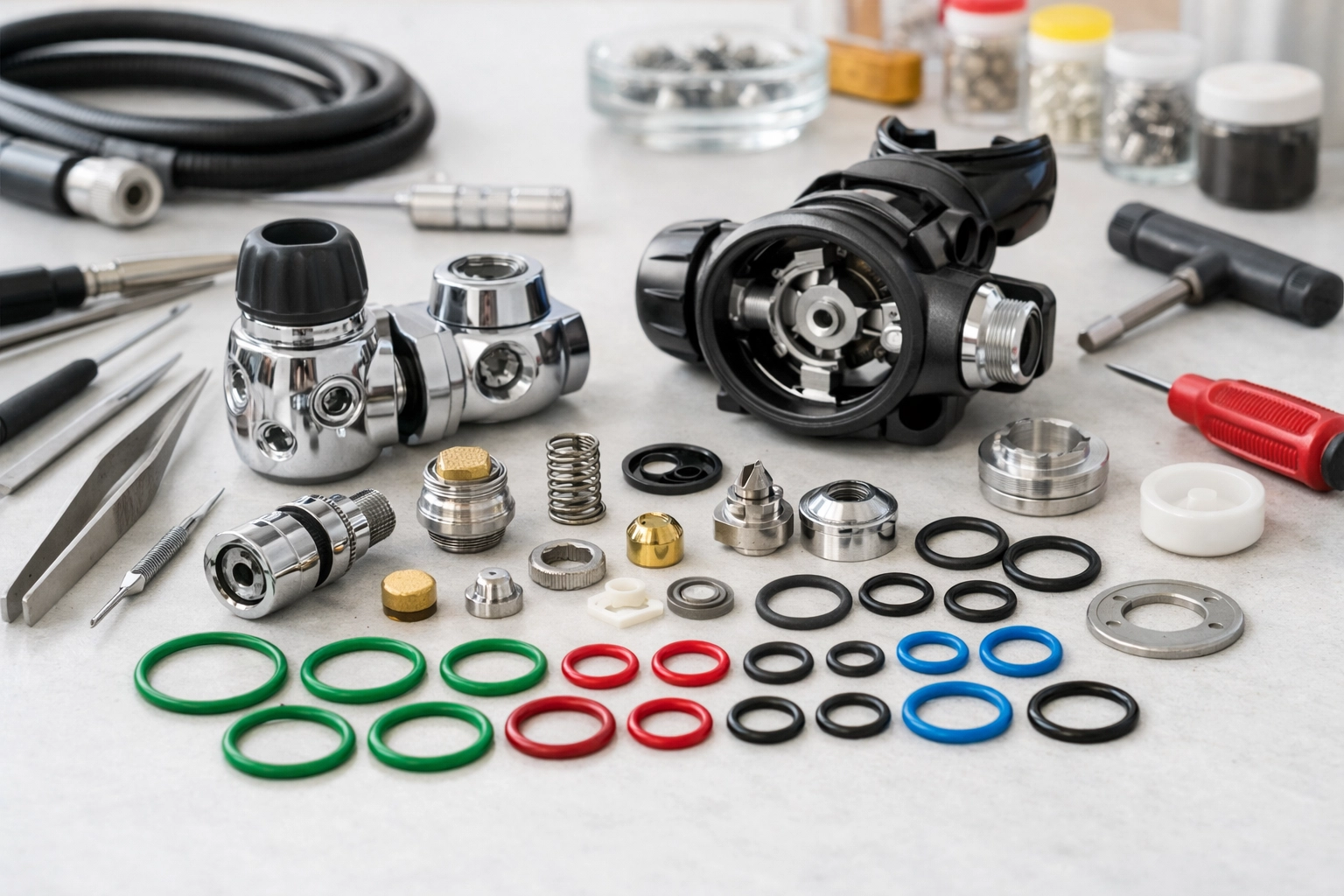 Professionelle Wartung eines Atemreglers in der Tauchwerkstatt mit zerlegten Bauteilen und Werkzeug.