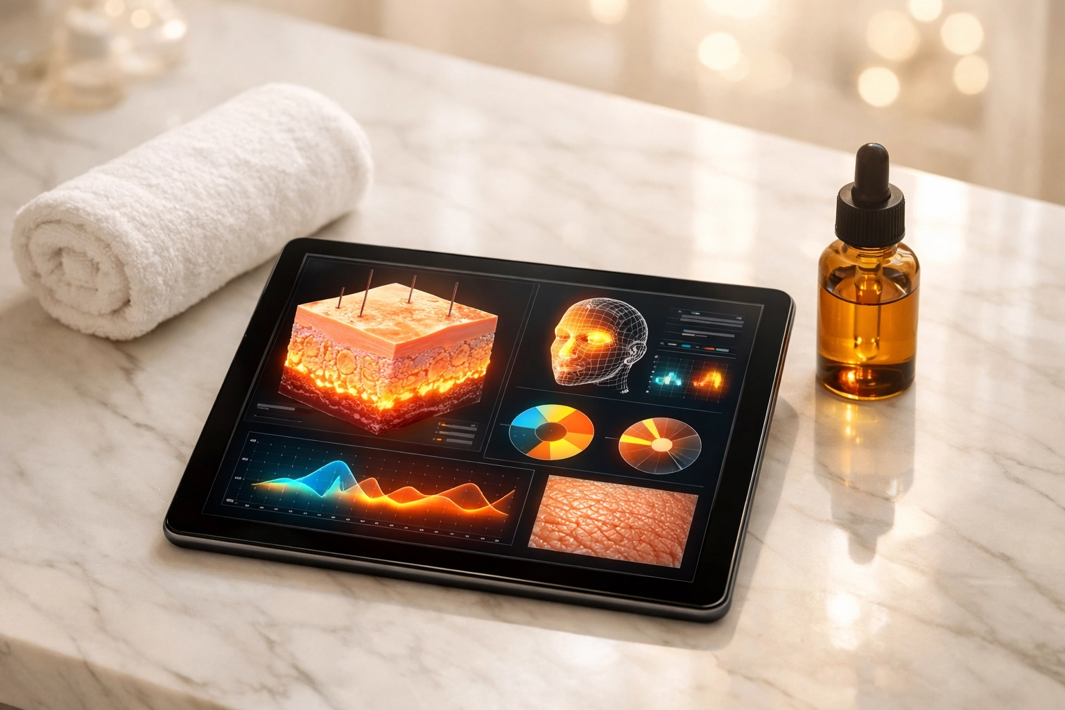 A professional skincare workspace with a tablet displaying AI skin analysis charts for continuing education.