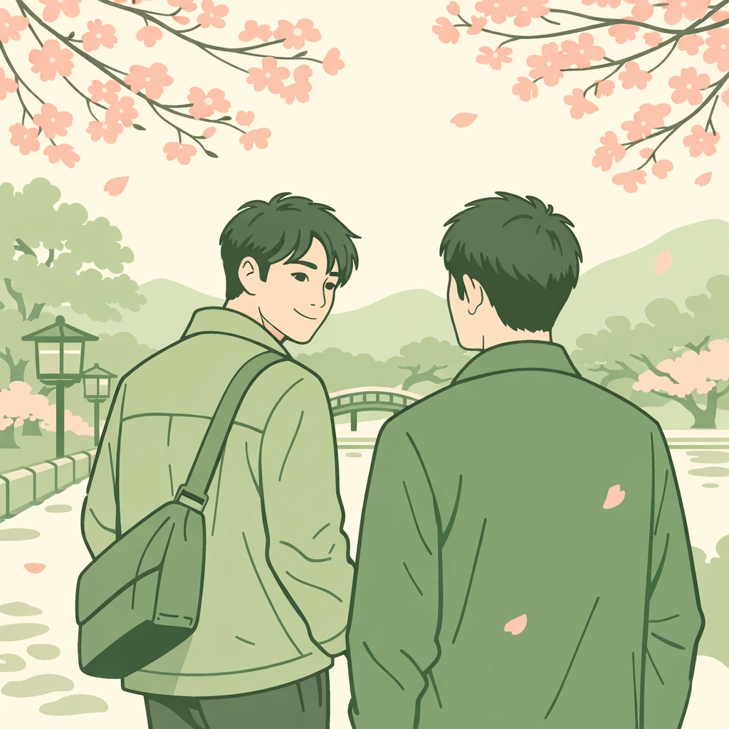 Gay couple walking through cherry blossoms in Kyoto park symbolizing new beginnings and healing