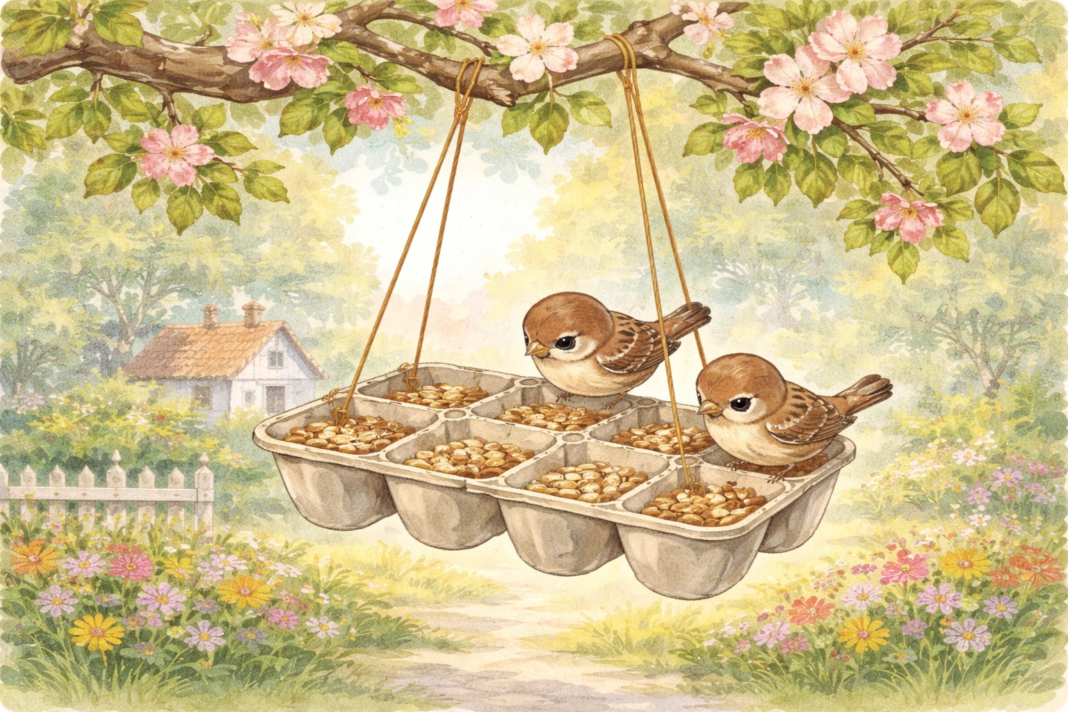 Egg carton bird feeder hanging from a branch with sparrows, showcasing creative recycled bird feeding