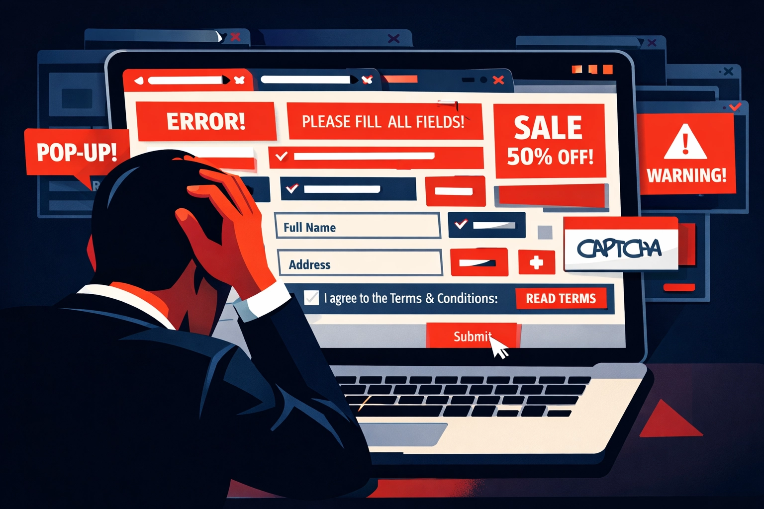 Business person confused by unclear website call-to-action button on cluttered interface