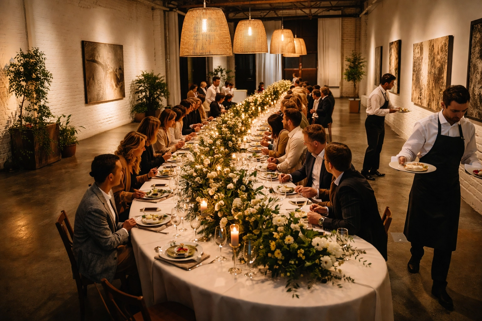 Exclusive supper club event in a converted warehouse space with intimate table seating