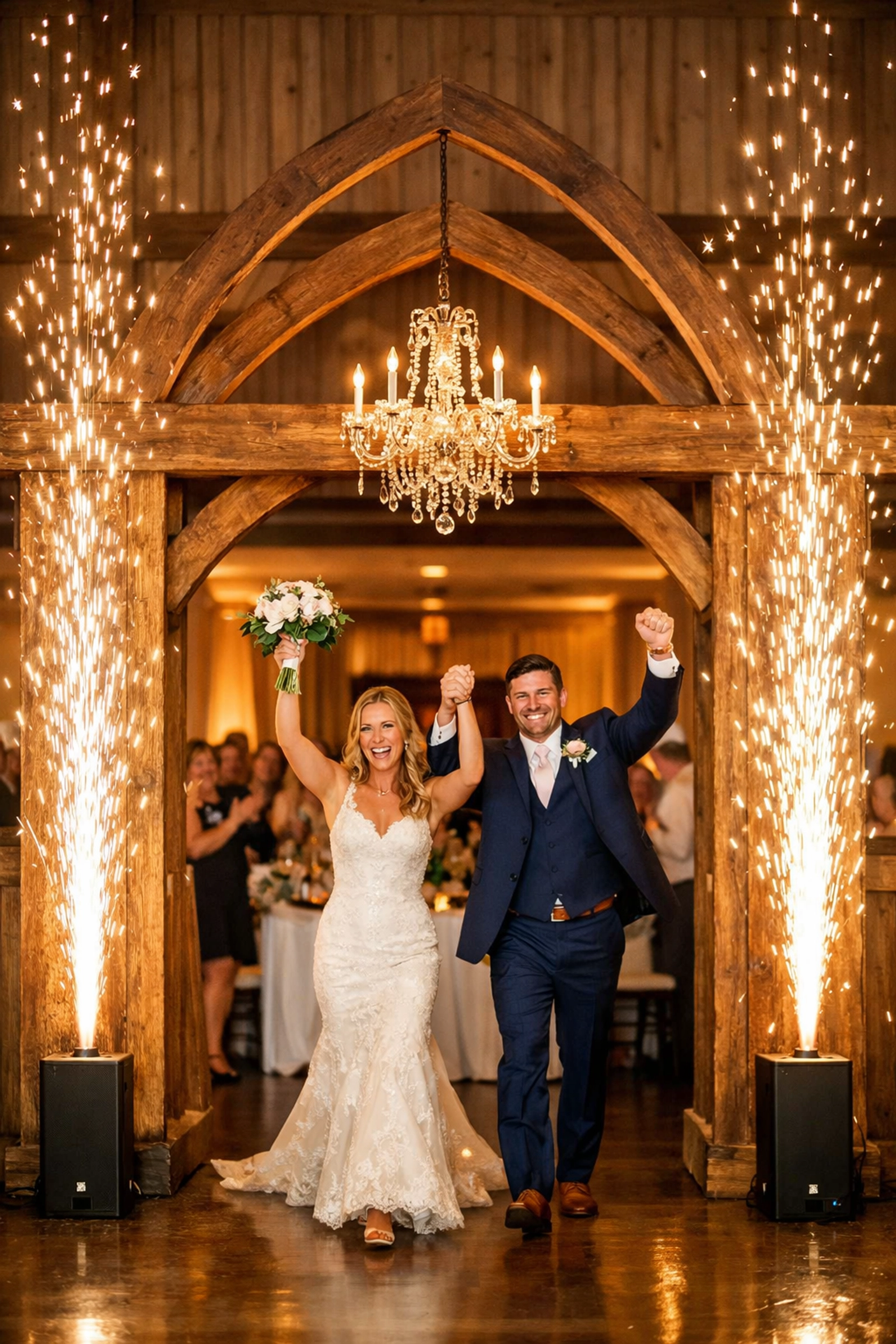Cold spark special FX and rustic wooden arch rental for a wedding in Fort Wayne, Northeast Indiana.