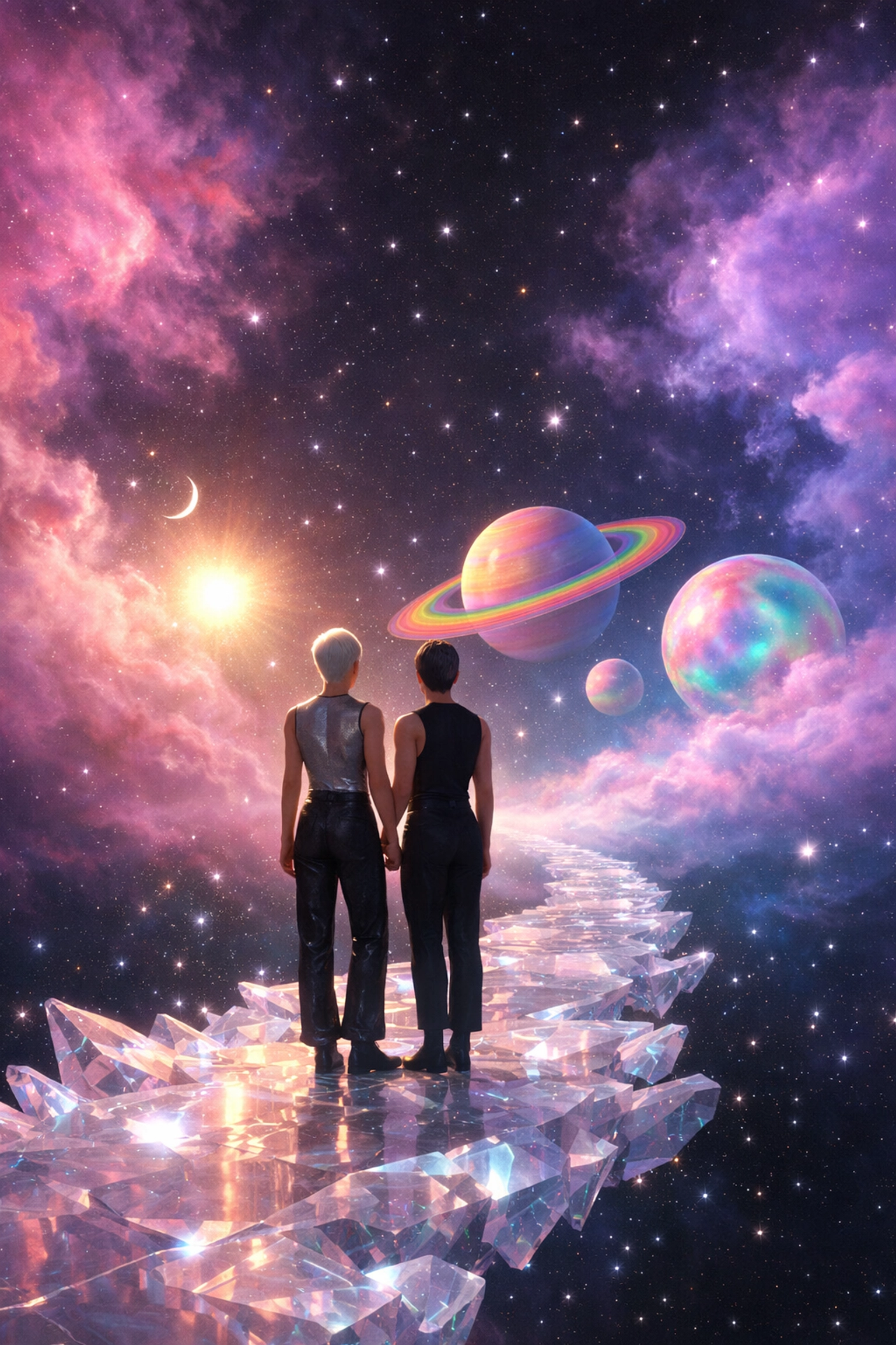 Queer individuals viewing a vibrant nebula, representing the non-binary spectrum in modern queer spirituality.
