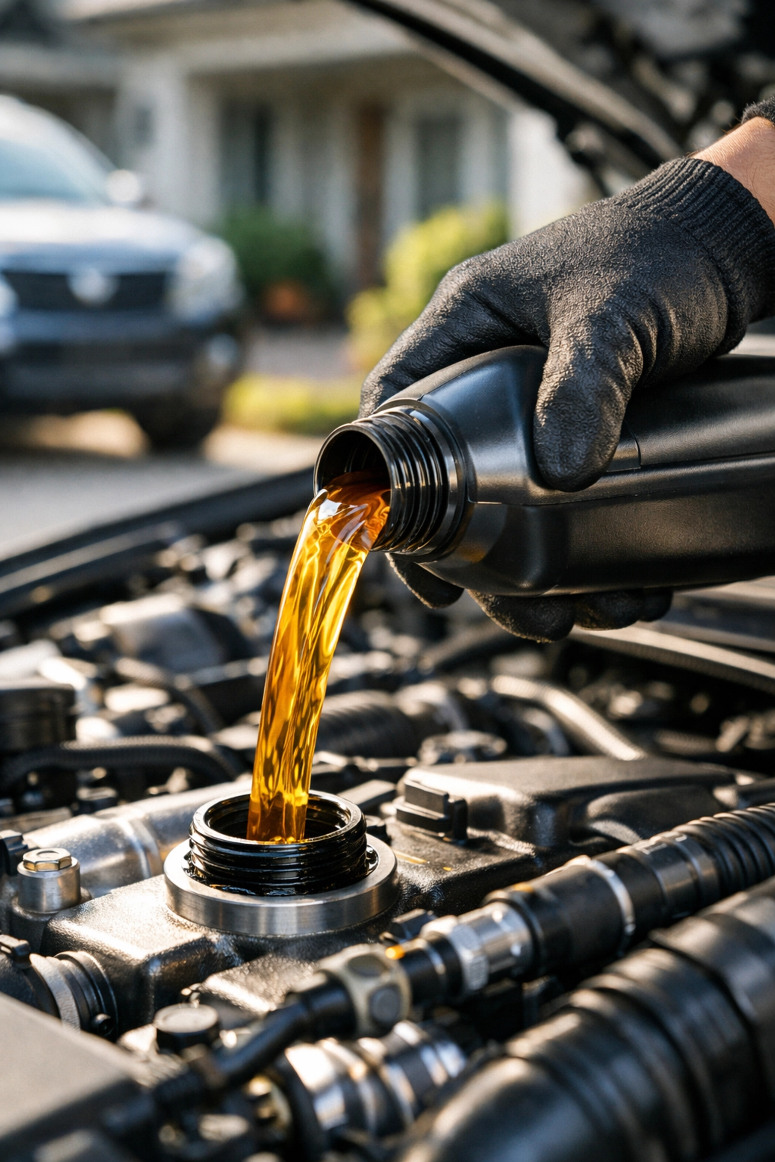 Mobile technician performing a precision oil change and fluid service in a home driveway.
