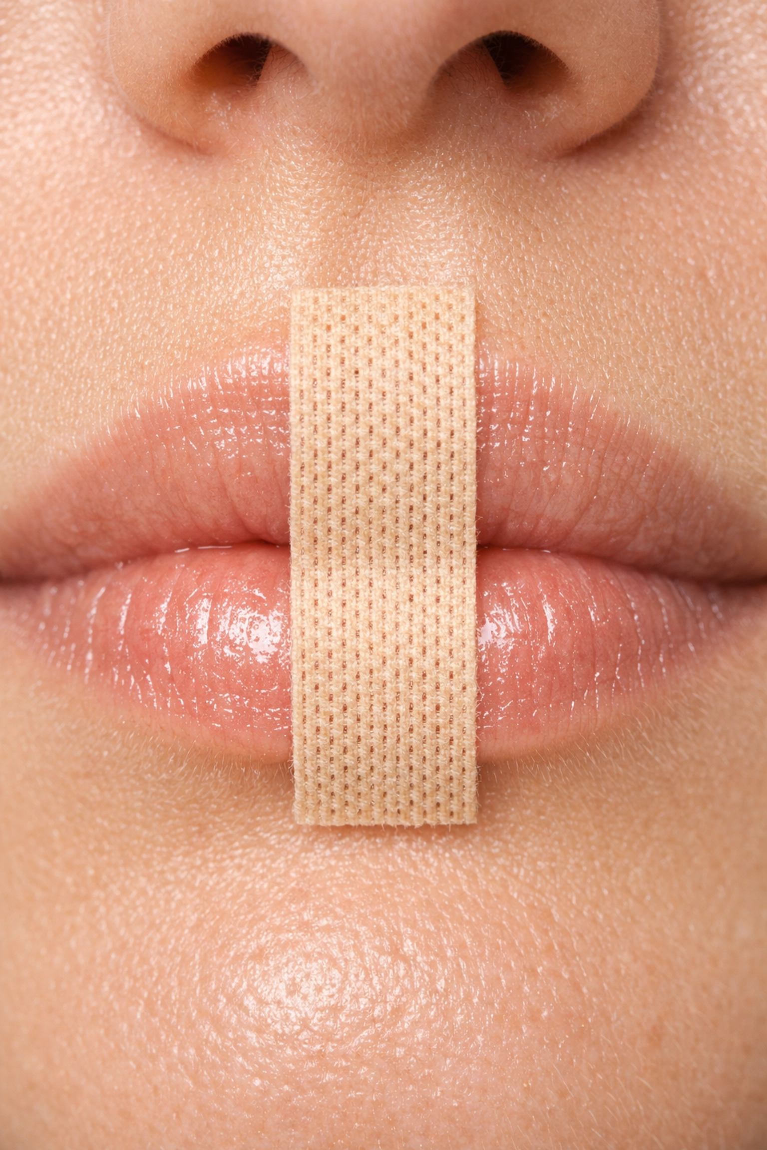 Close-up of a vertical strip of hypoallergenic mouth tape applied to encourage nasal breathing during sleep.