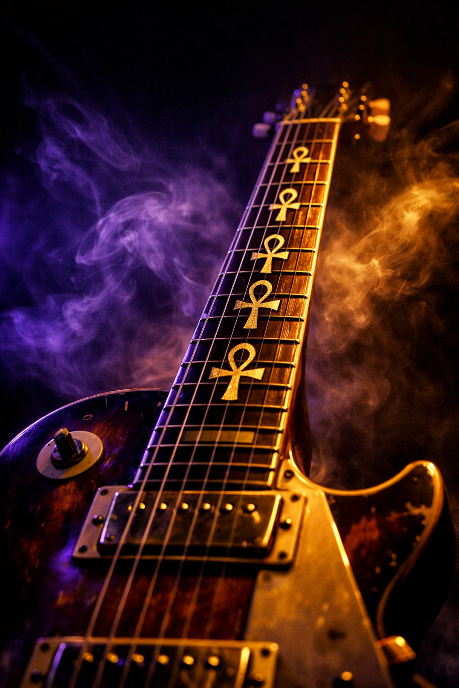 Vintage guitar with Egyptian ankh symbols representing Vinnie Vincent's iconic Ankh Warrior persona from KISS