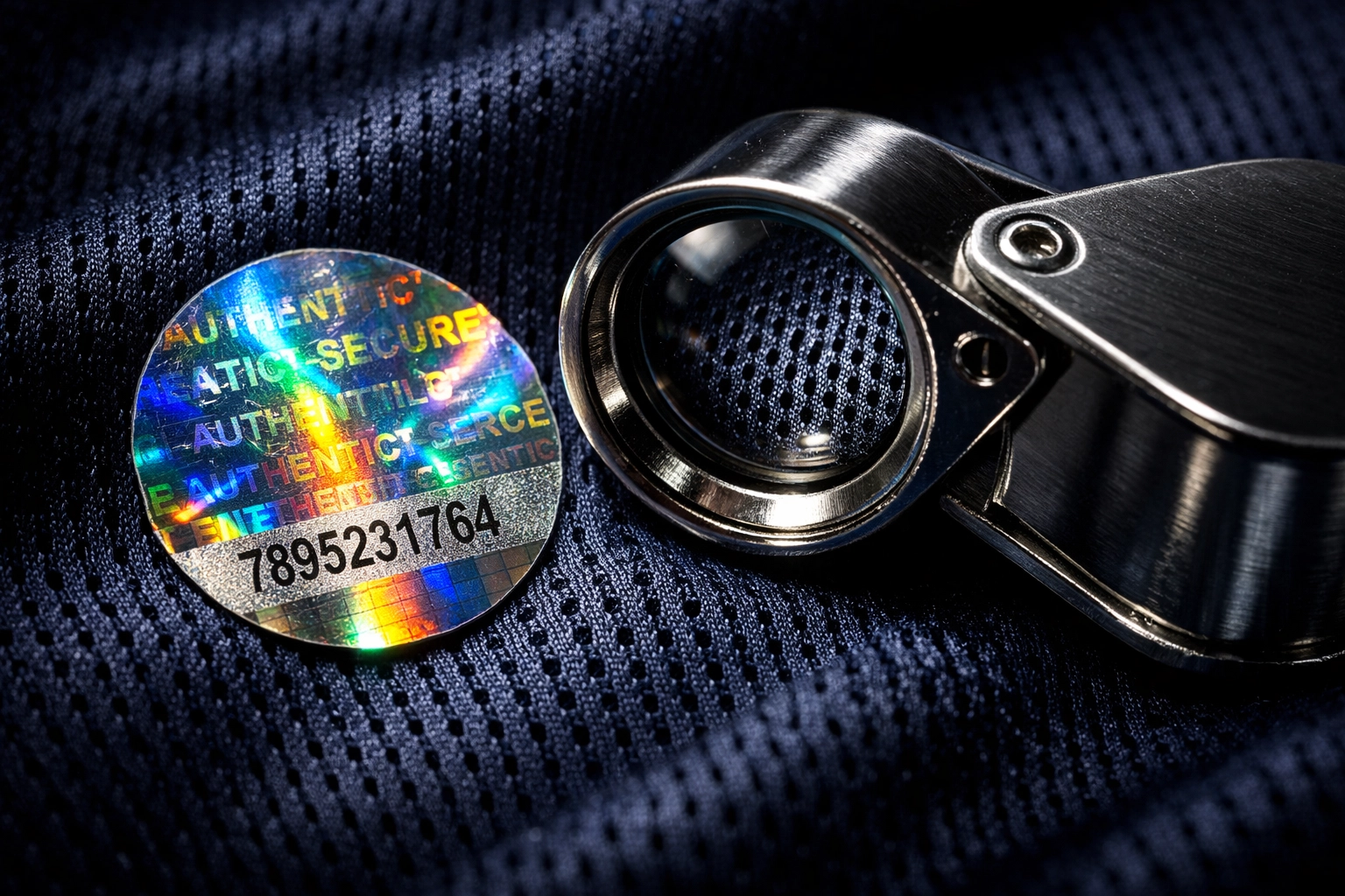 Tamper-proof hologram on an authentic signed NHL jersey with a professional jeweler's loupe.
