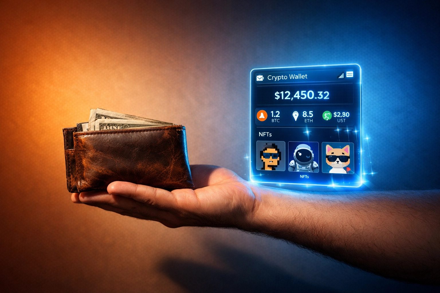 Traditional wallet and digital crypto wallet comparison showing self-custody payment control