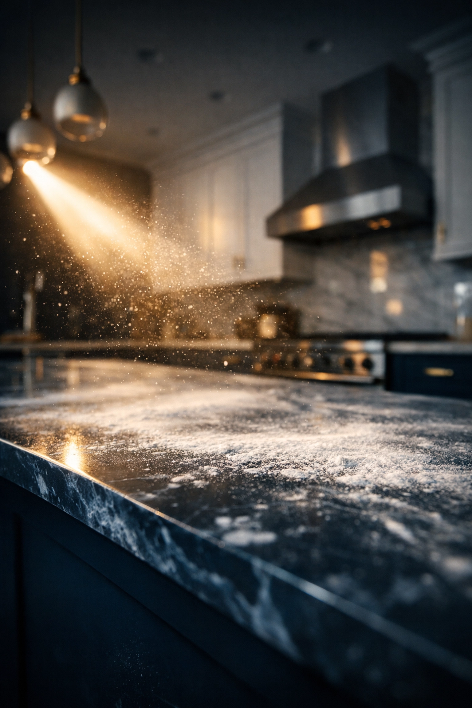 Fine drywall dust visible on a luxury kitchen counter in a house requiring Post-construction Cleaning Northborough.