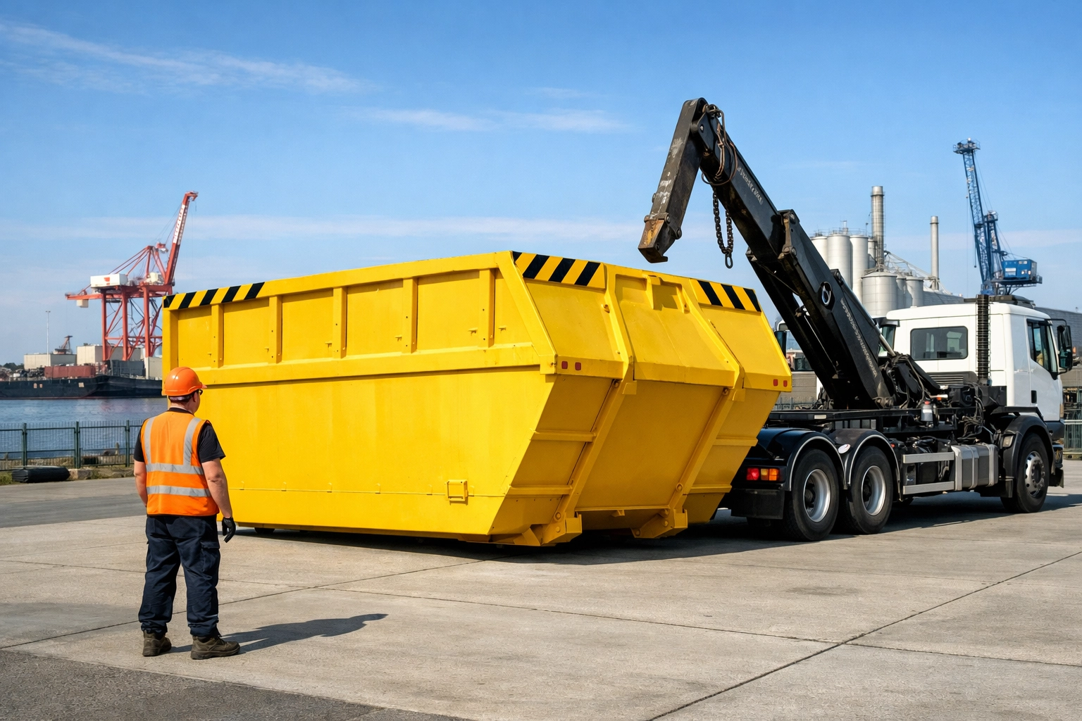 Large builder's skip on site showing access requirements for skip hire delivery