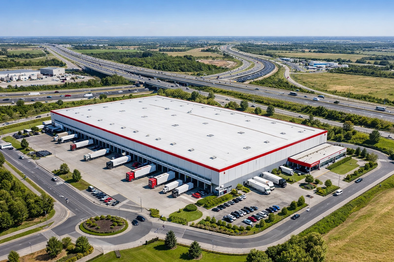 Aerial view of Hertford warehouse facility near major transport routes
