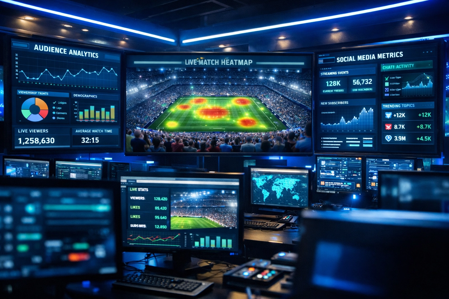 Sports analytics control room monitoring live audience engagement metrics and partnership performance