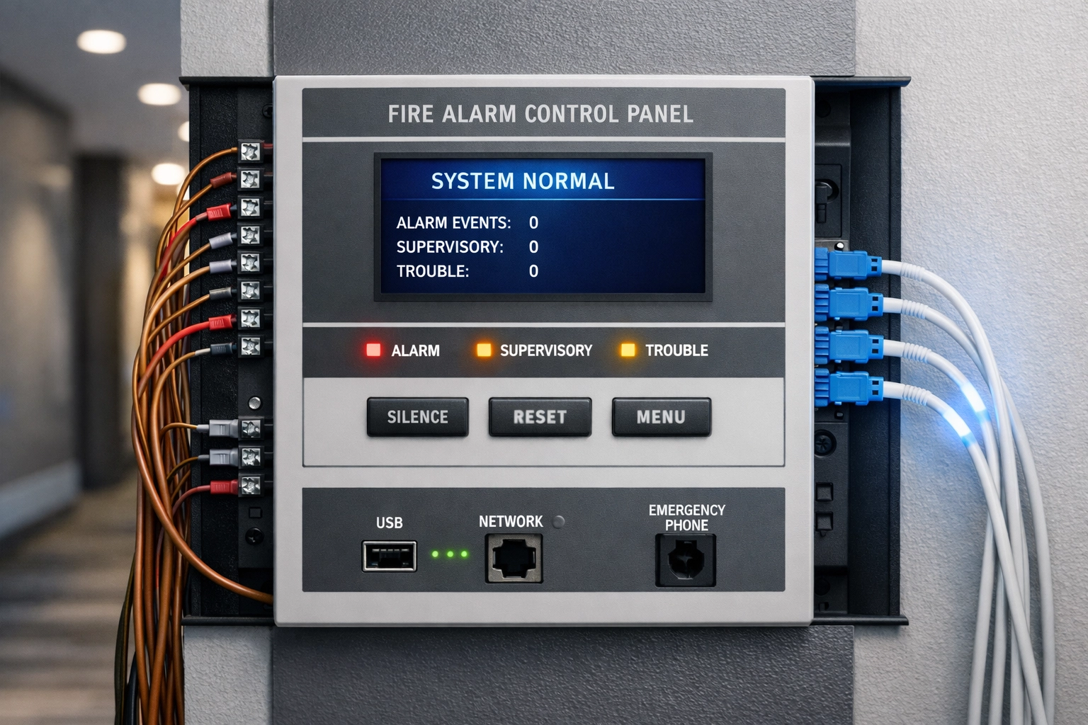 Hotel fire alarm panel showing POTS copper line replacement with modern fiber optic cables