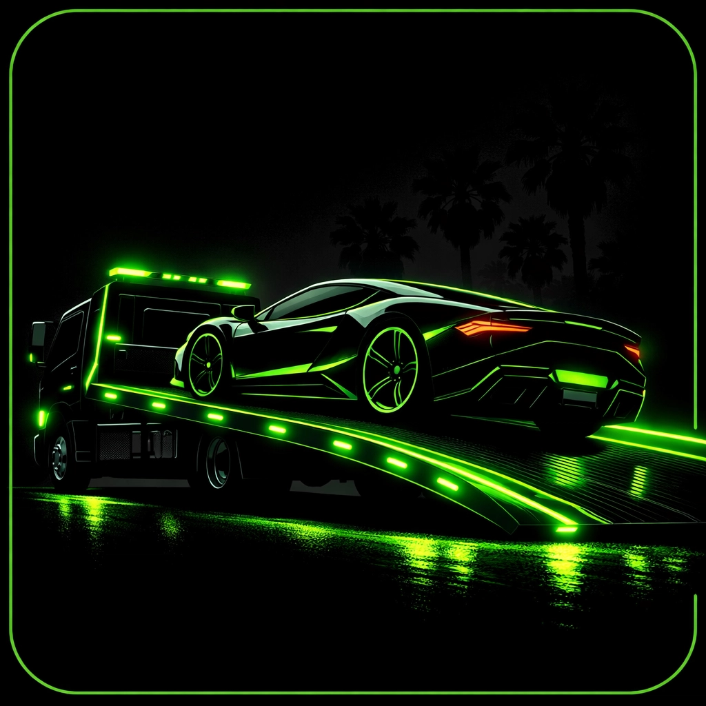 Luxury sports car loading onto a flatbed tow truck in Los Angeles for damage-free exotic transport.