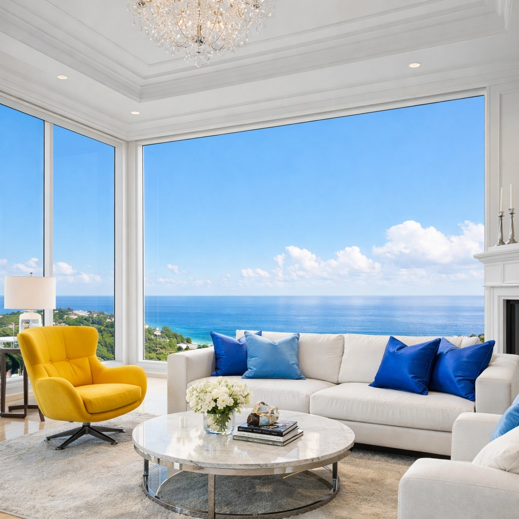 Clear panoramic windows in a newly renovated living room after professional post-construction cleaning.