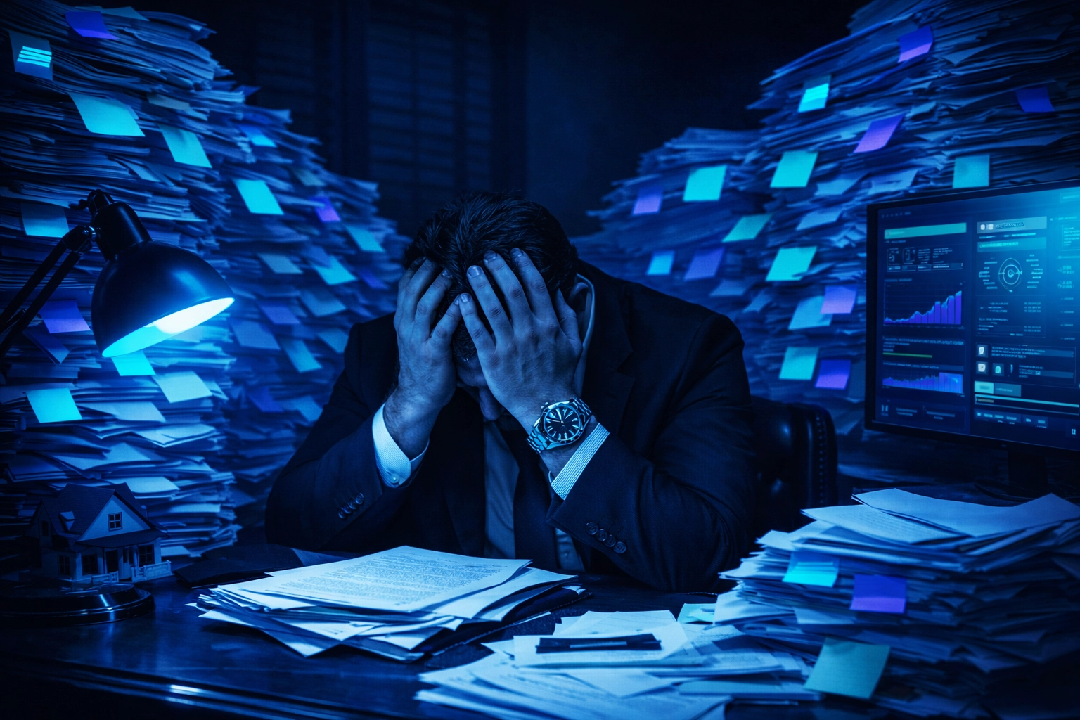 Exhausted real estate agent overwhelmed by messy administrative paperwork and manual tasks.
