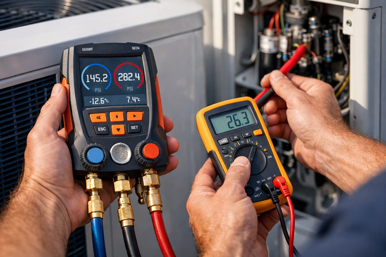 Technician performing professional AC repair by testing system components with precision gauges.