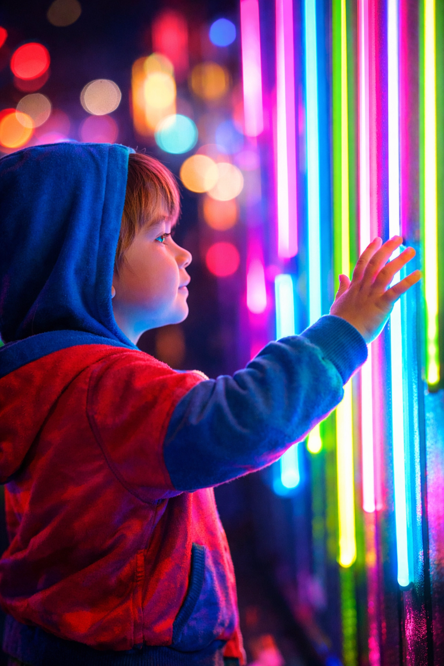 A child interacts with vibrant neon art at an immersive exhibit during a family vacation.