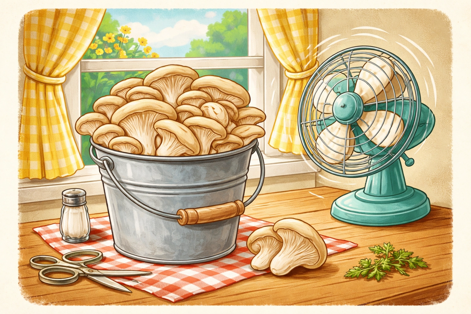 A whimsical 1950s-style storybook illustration of an oyster mushroom bucket on a tabletop with a gentle desk fan nearby and soft window light, showing leggy mushrooms as a fresh-air troubleshooting sign.