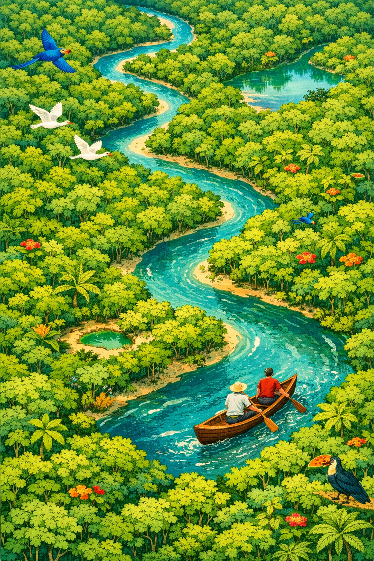 Aerial view of Amazon river with gay couple canoeing through dense jungle canopy