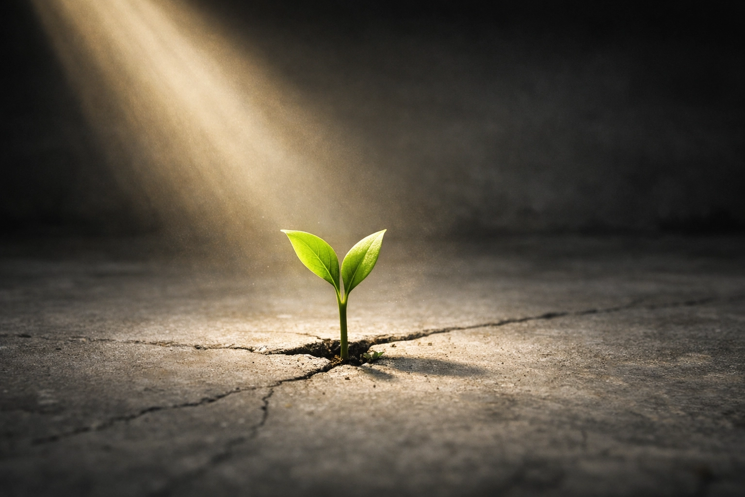 A green sprout growing through concrete, symbolizing spiritual growth and restoration behind bars.