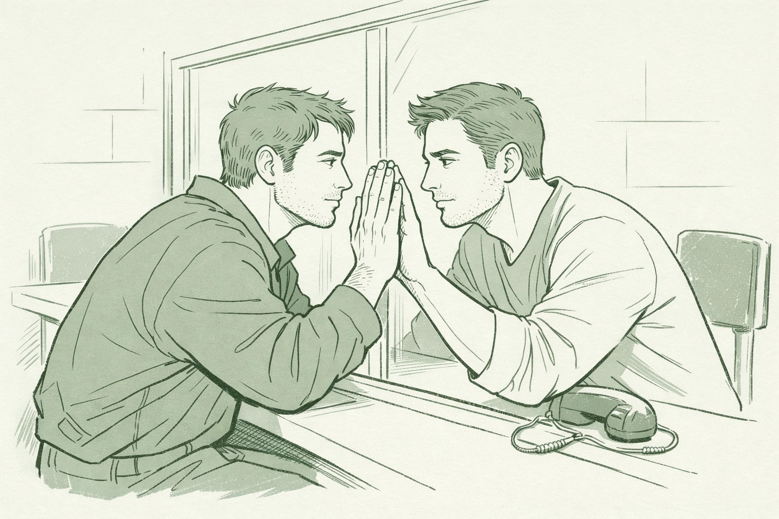 Two gay men connect through glass barrier in prison visiting room, showing emotional bond despite separation