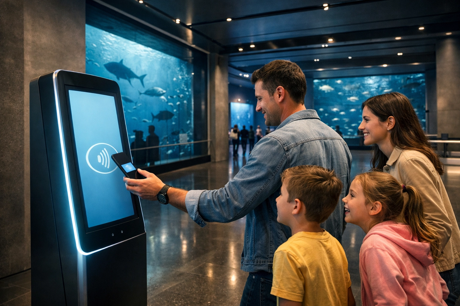 Family using a smartphone to scan a digital pass at a high-tech aquarium entrance kiosk.
