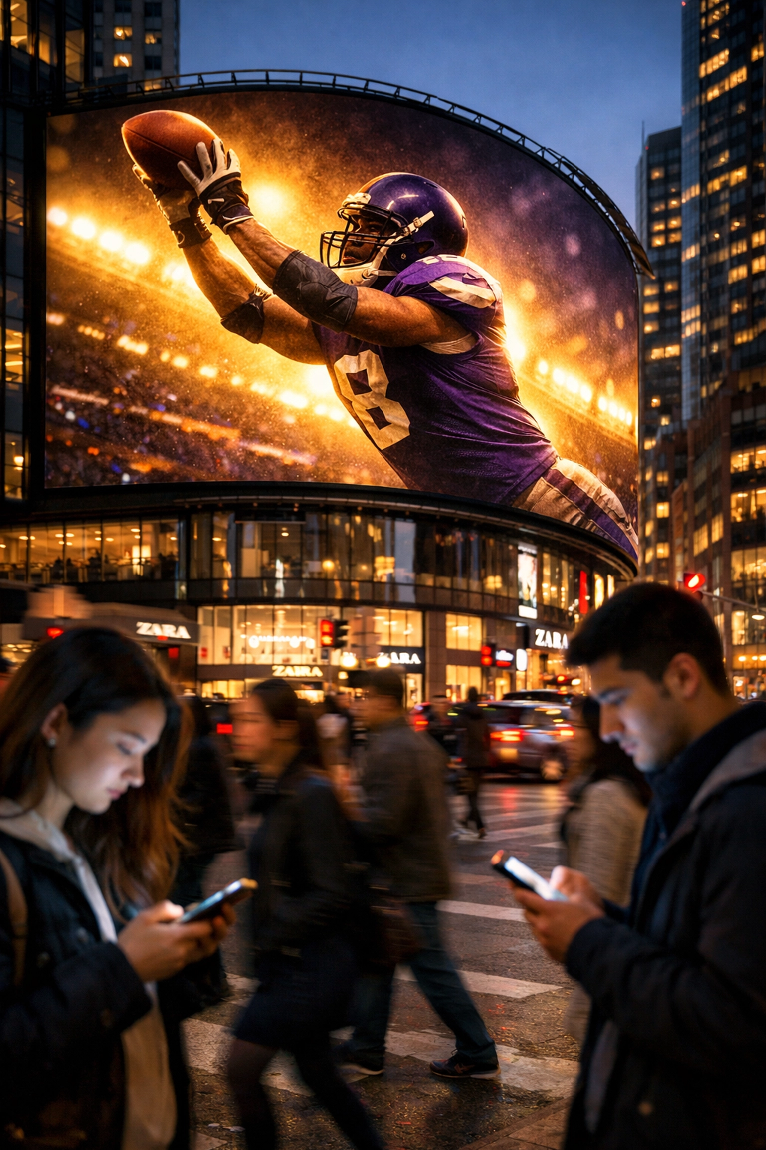 A vibrant digital billboard advertisement for the Super Bowl in a busy metropolitan city center.