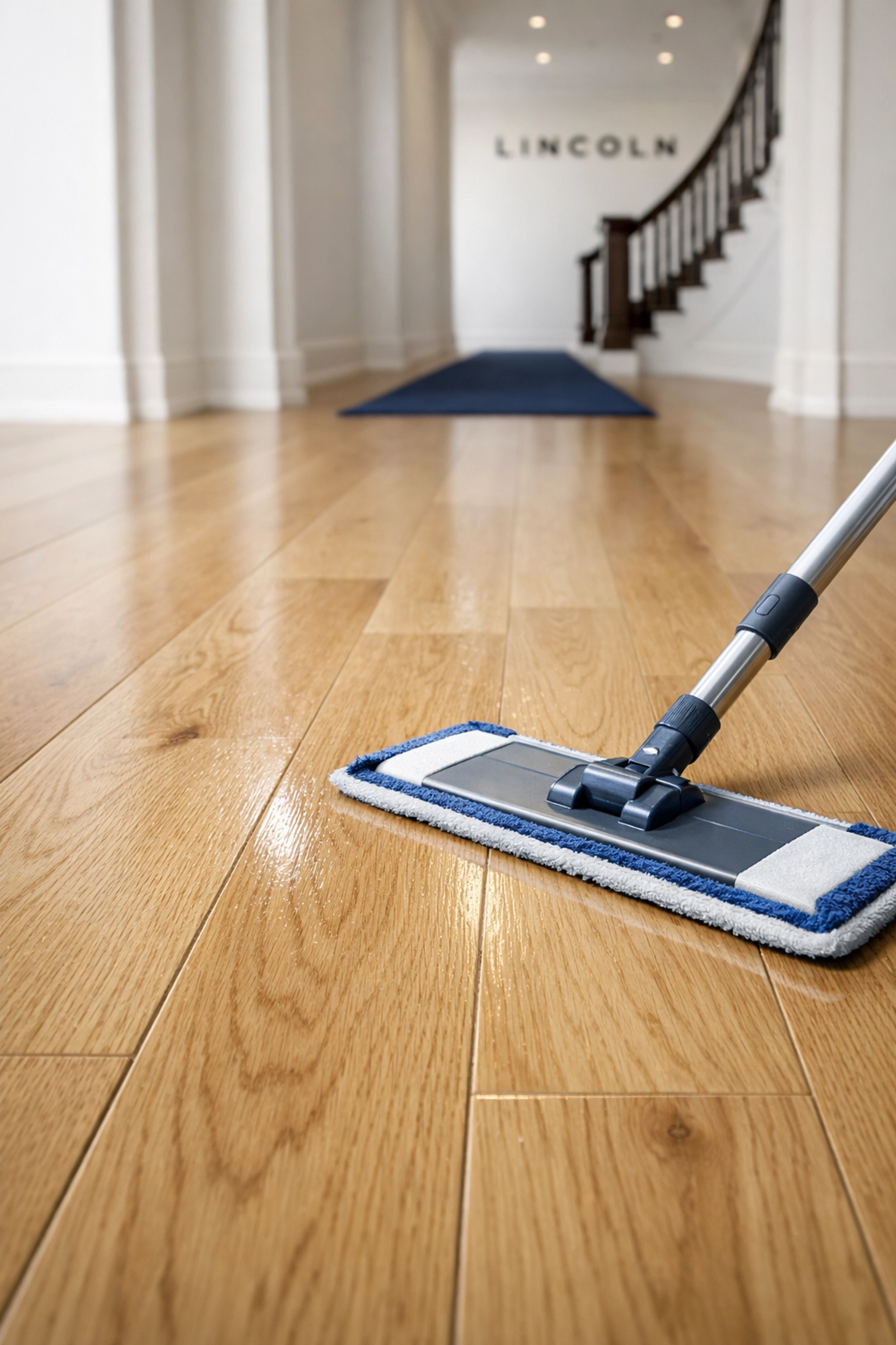 Professional cleaning and mopping of luxury light oak hardwood floors in a grand Lincoln foyer.