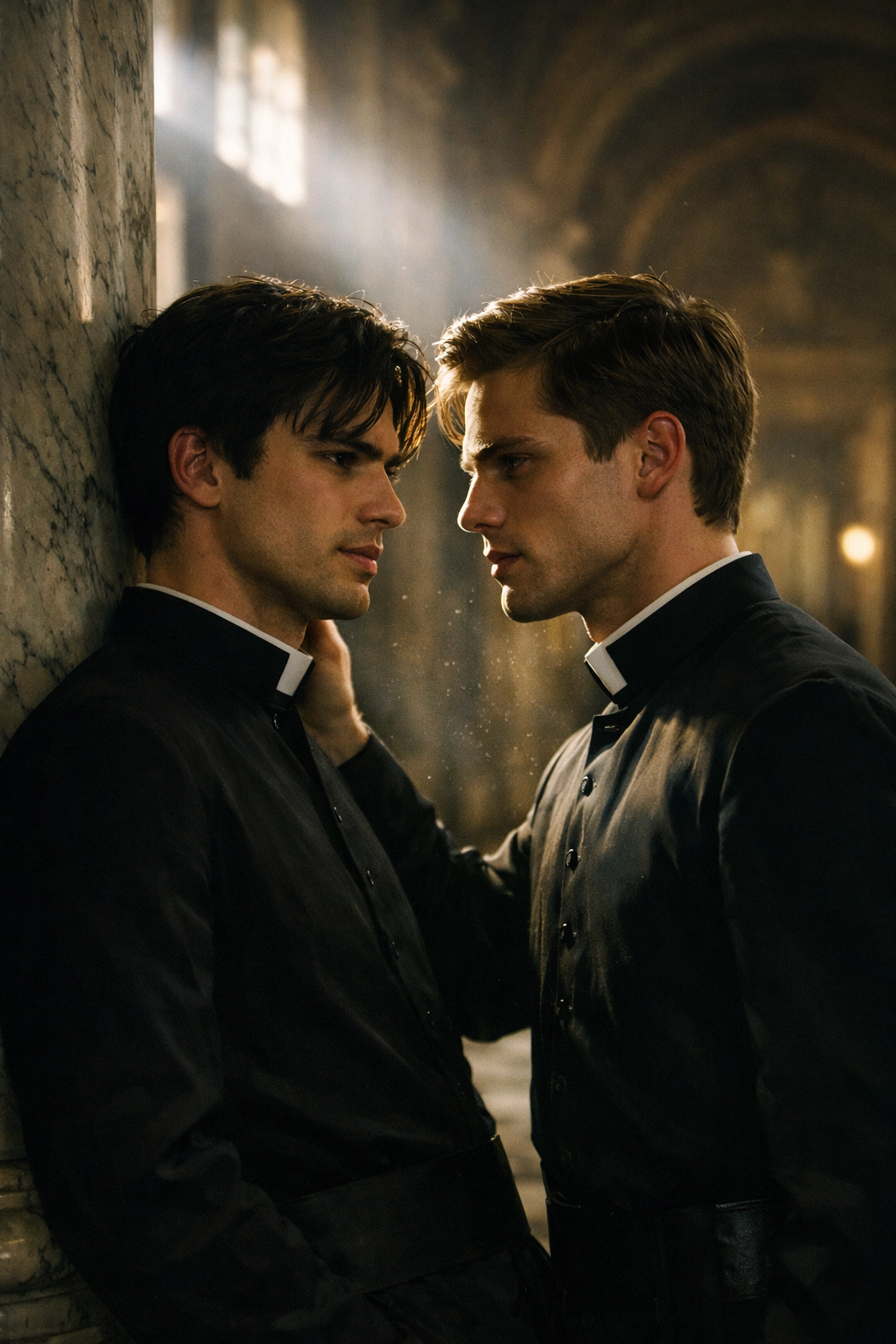 Two young priests in a sunlit Vatican hallway sharing a moment of forbidden queer romance and yearning.