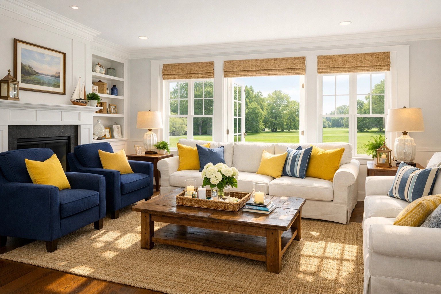 Pristine Shrewsbury living room with navy blue chairs showcasing reliable local house cleaning services.