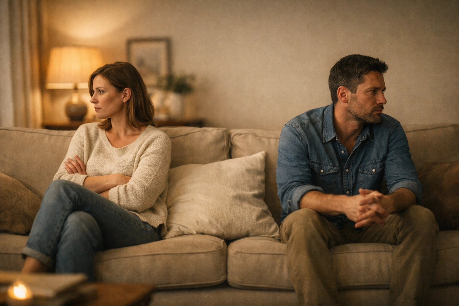 Pár ül egymástól távol a kanapén, párkapcsolati feszültség merevedési zavar miatt