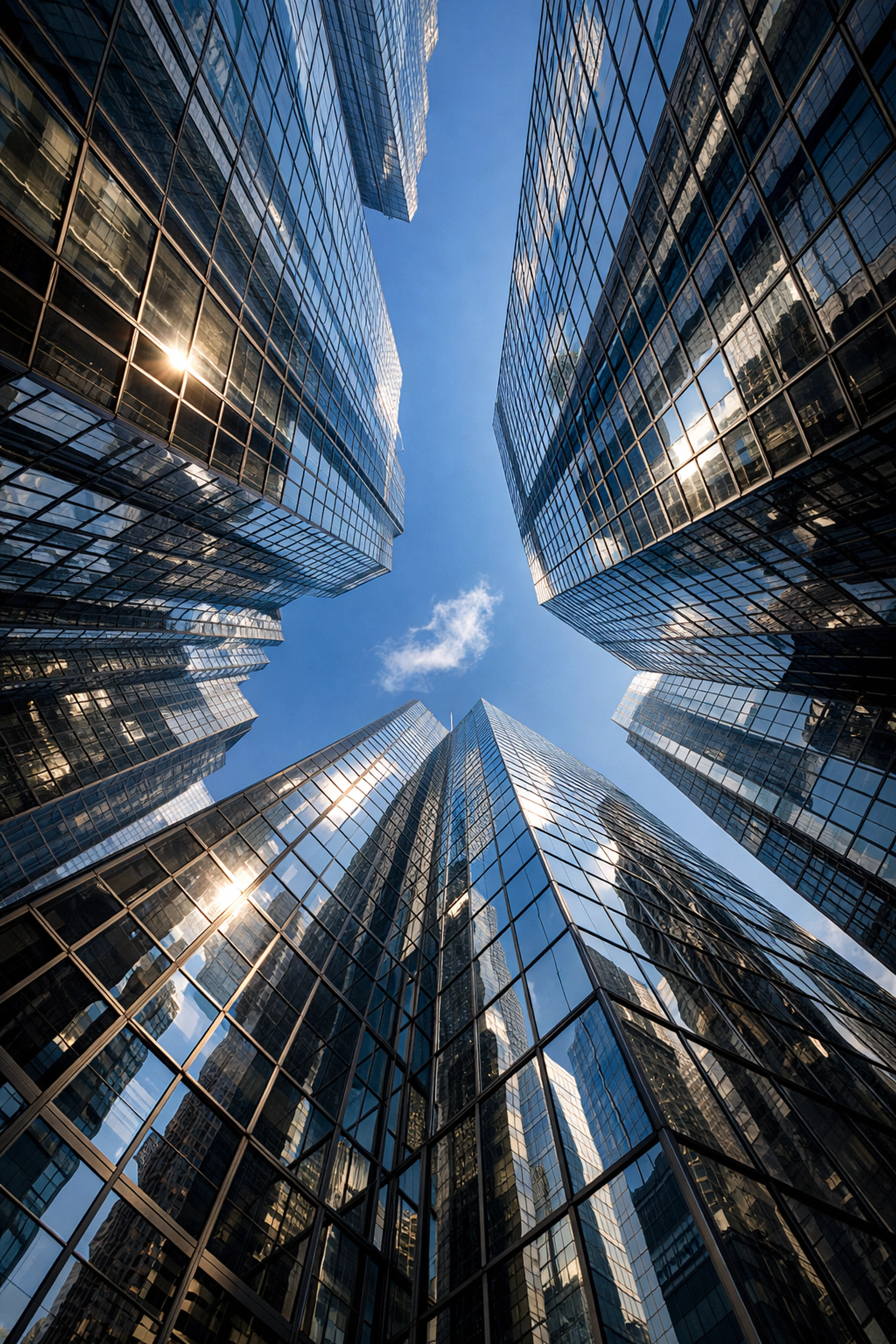 Low angle view of city skyscrapers against the sky, illustrating unique street photography ideas.