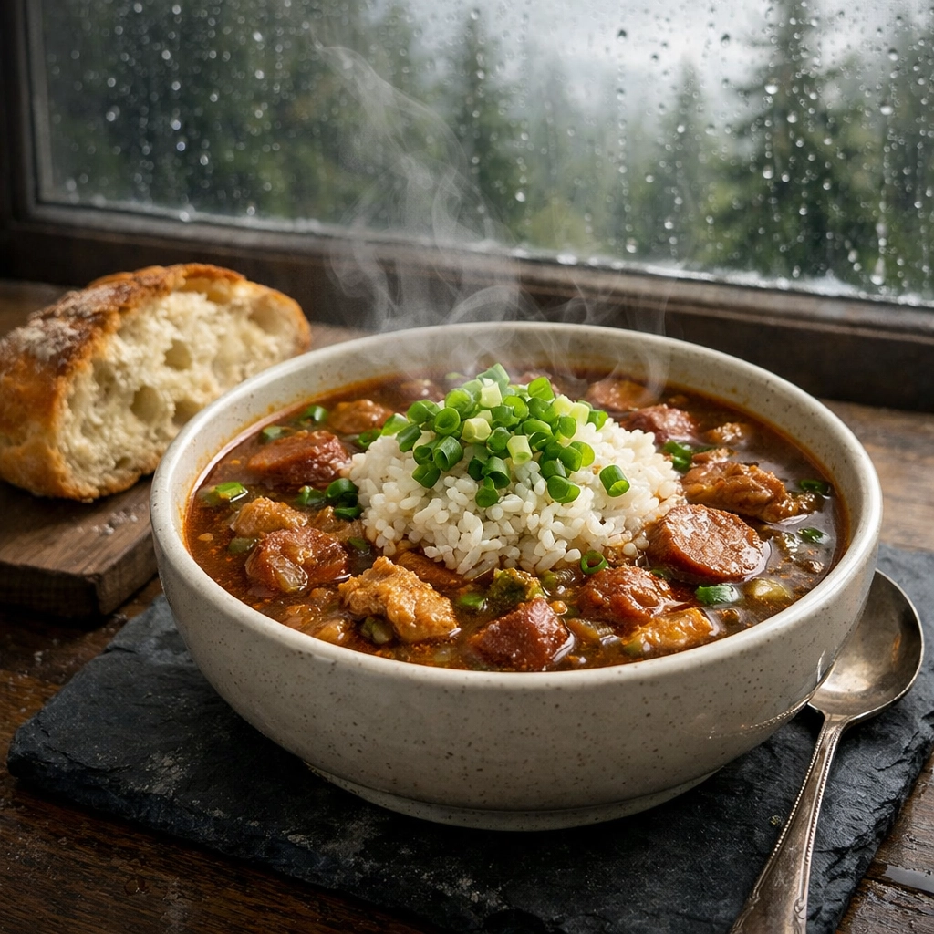 Hearty chicken and sausage gumbo, a warm PNW comfort food dish served on a rainy Seattle afternoon.