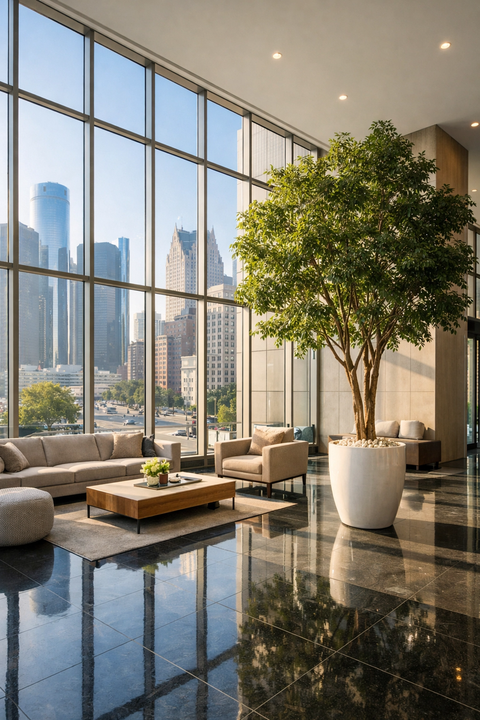 Clean modern Detroit apartment building lobby showcasing professional maintenance standards.