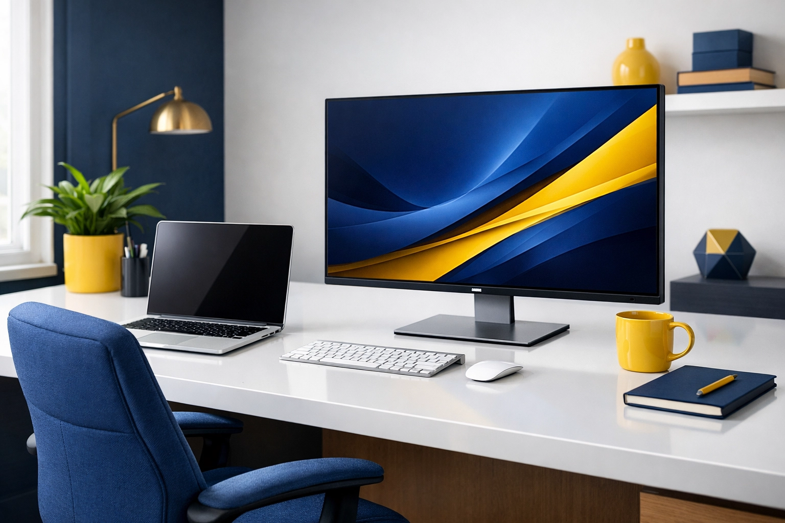 Modern home office setup with a high-end laptop and 4K monitor on a clean white desk.