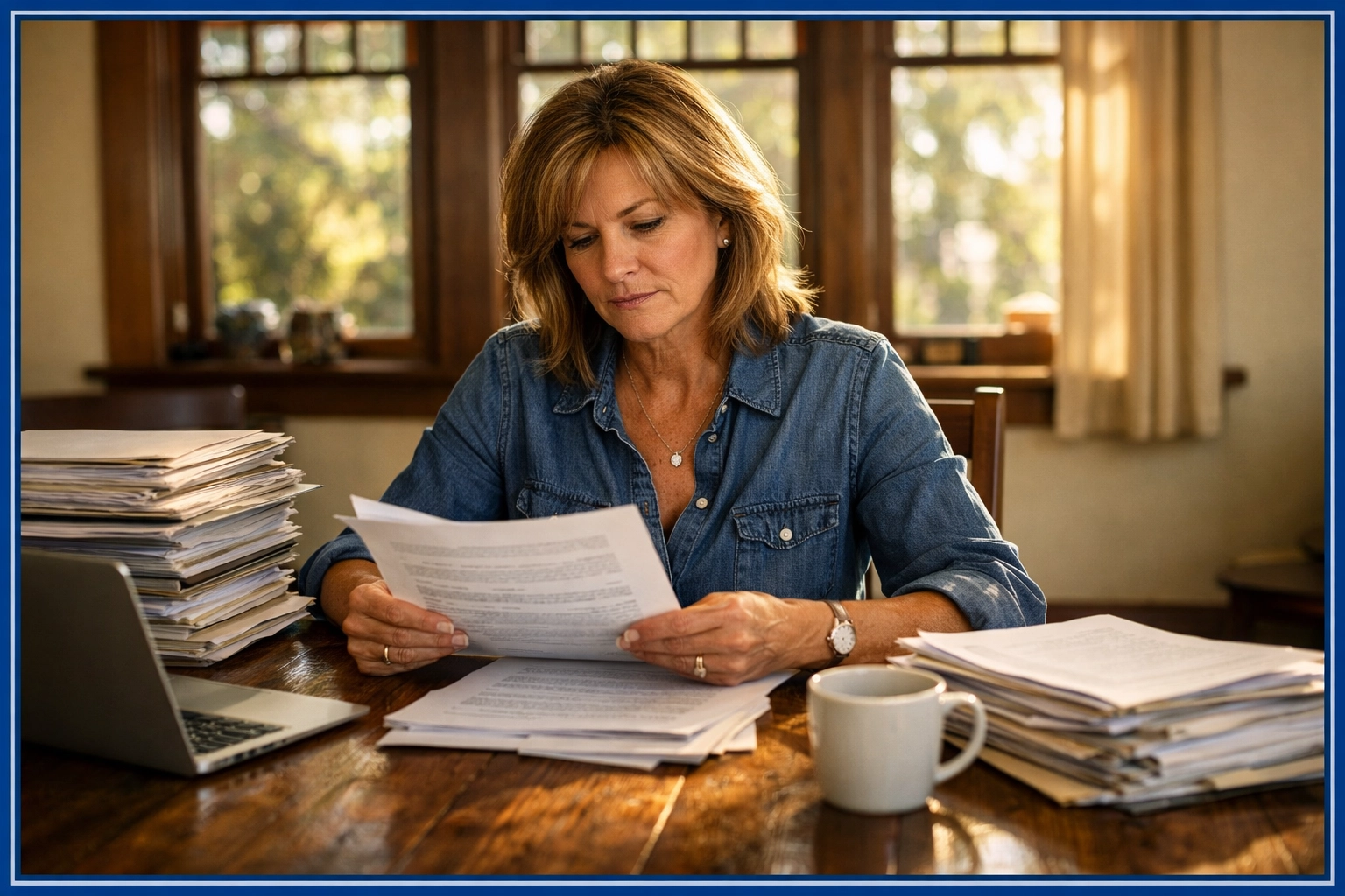 Executor reviewing probate documents and estate paperwork at home in California Executor reviewing probate documents and estate paperwork at home in California
