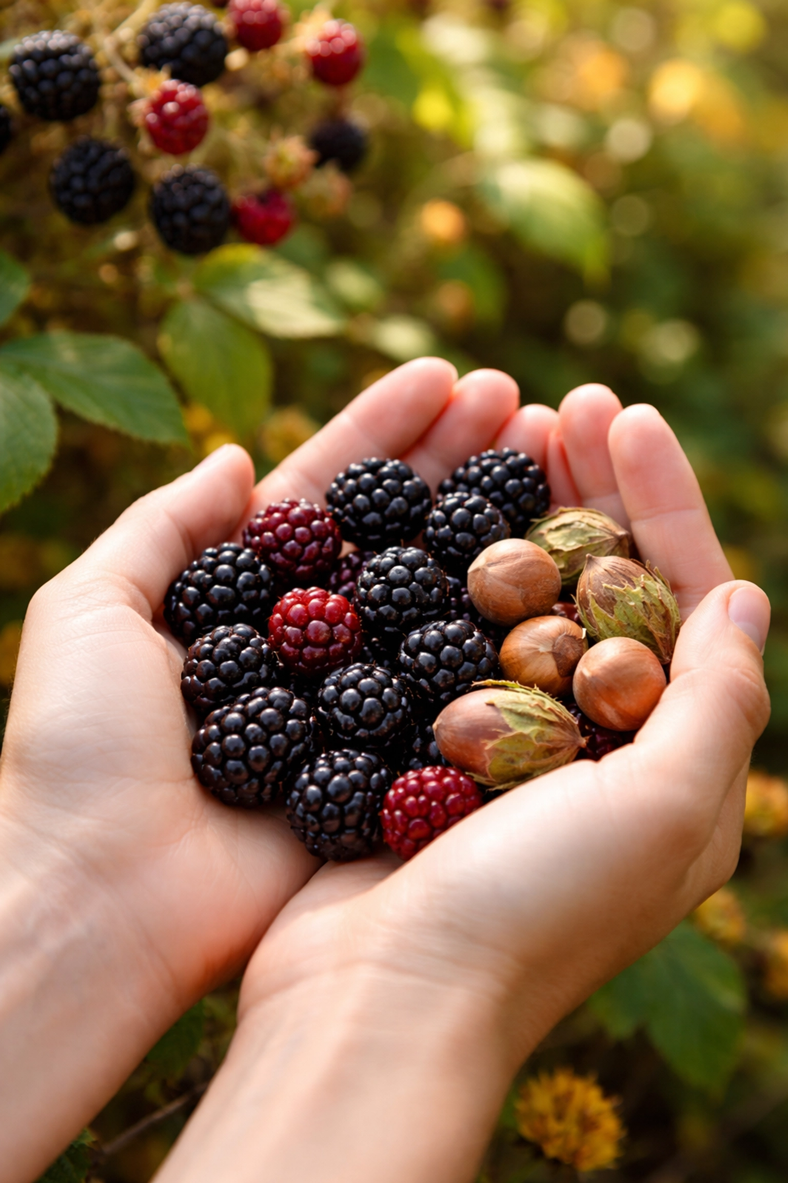 Hands holding wild blackberries and hazelnuts in a UK hedgerow, foraging tips for camping adventure