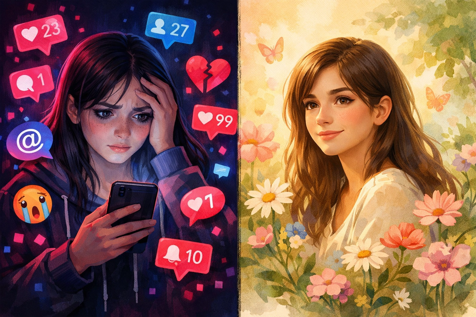 Teen girl struggling with social media comparison and body image issues vs confident self-worth