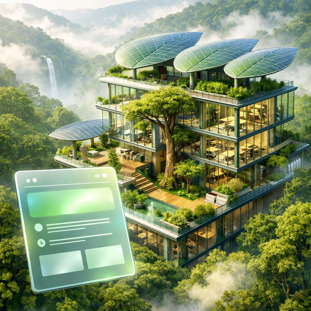 Green UX en Colombia: interfaz digital minimalista y eficiente integrada en un entorno natural sostenible.