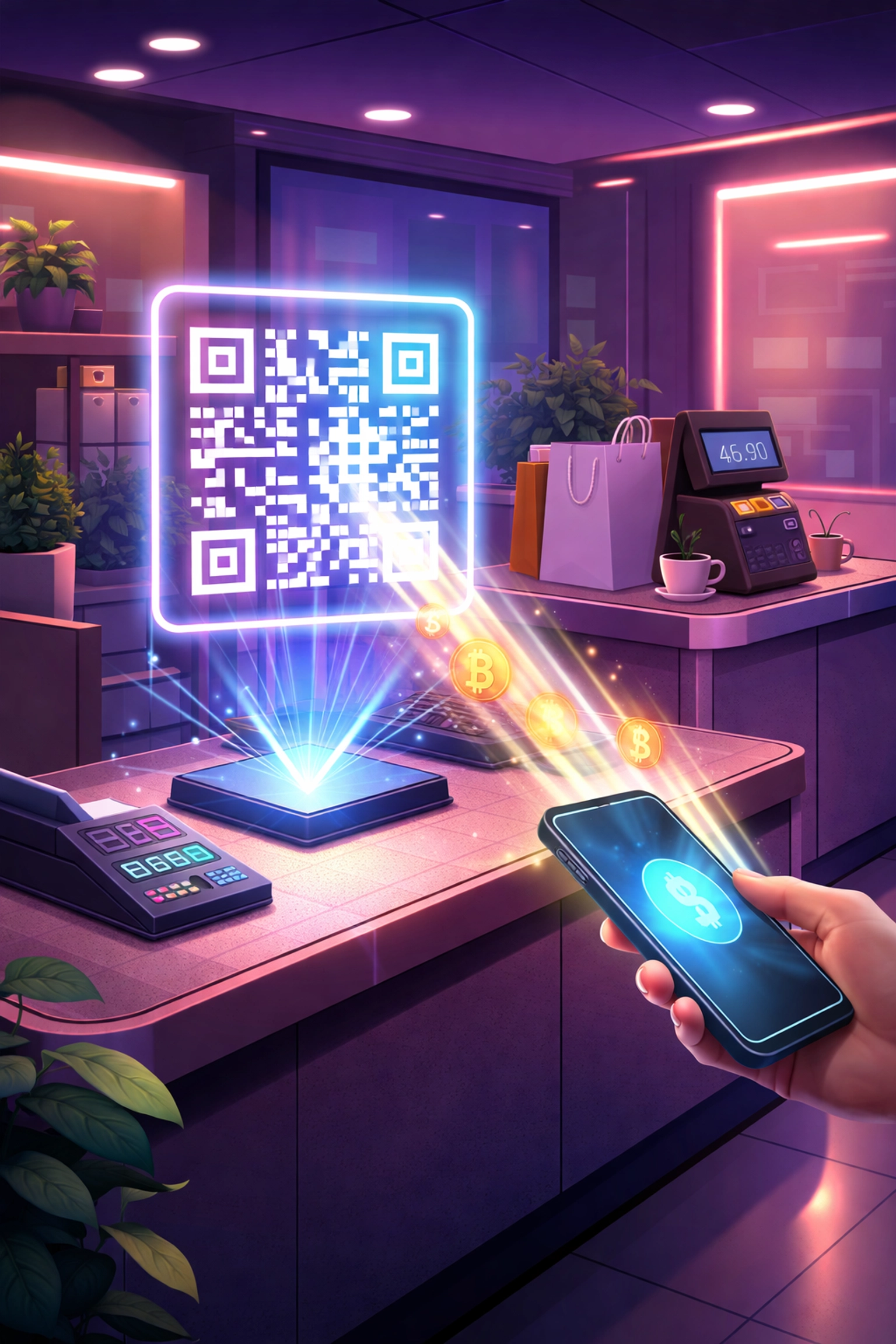 Customer using smartphone at checkout with digital QR code and cryptocurrency symbols, showcasing seamless NFT receipt payments through Larecoin POS.