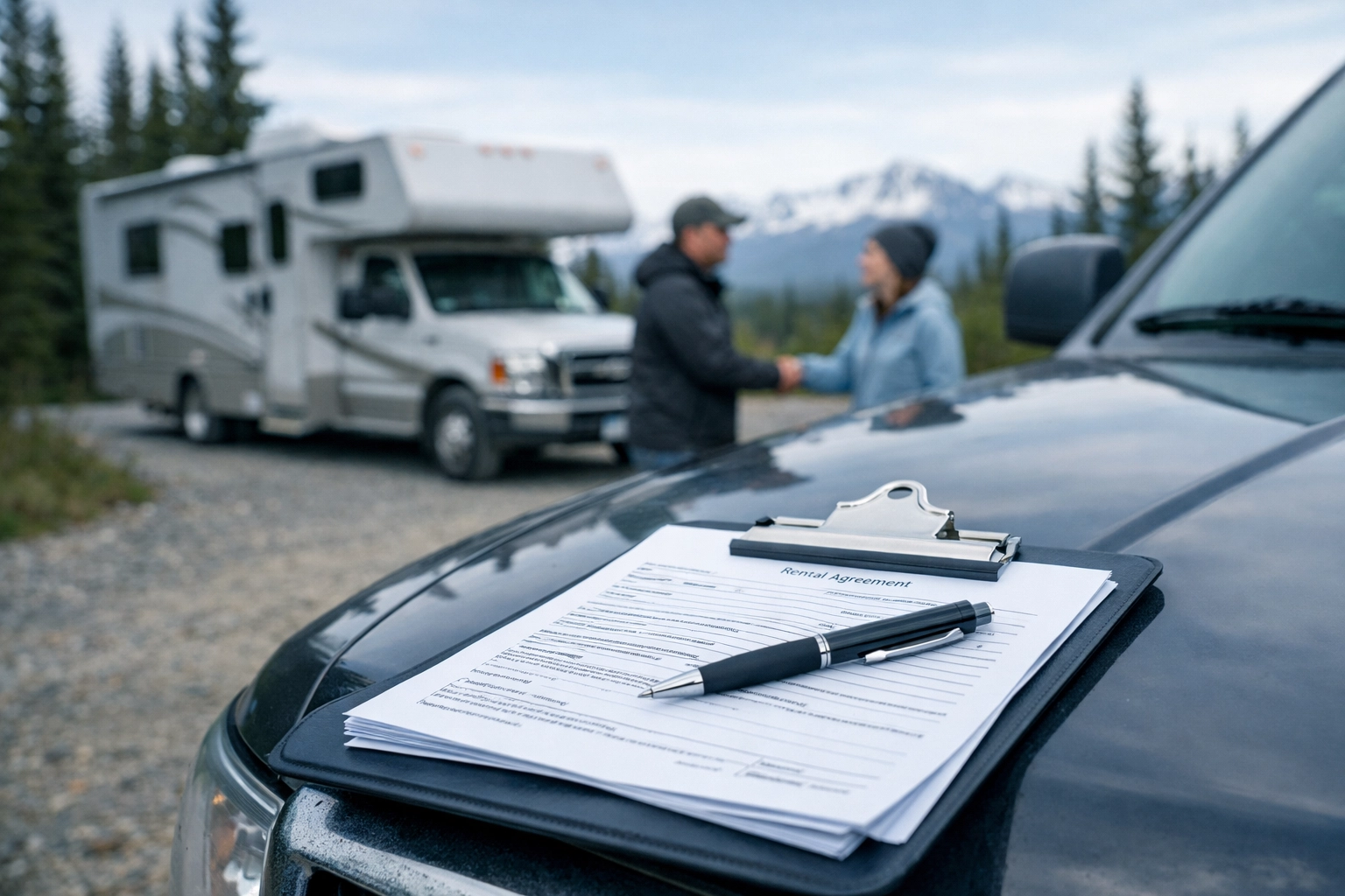 RV rental paperwork on clipboard with owner and renter shaking hands in Alaska