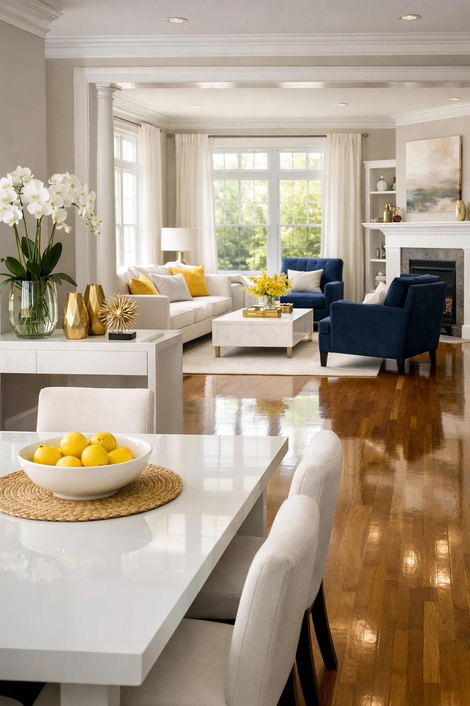 Spotless open-concept living space in Leominster MA with polished hardwood floors after expert house cleaning.