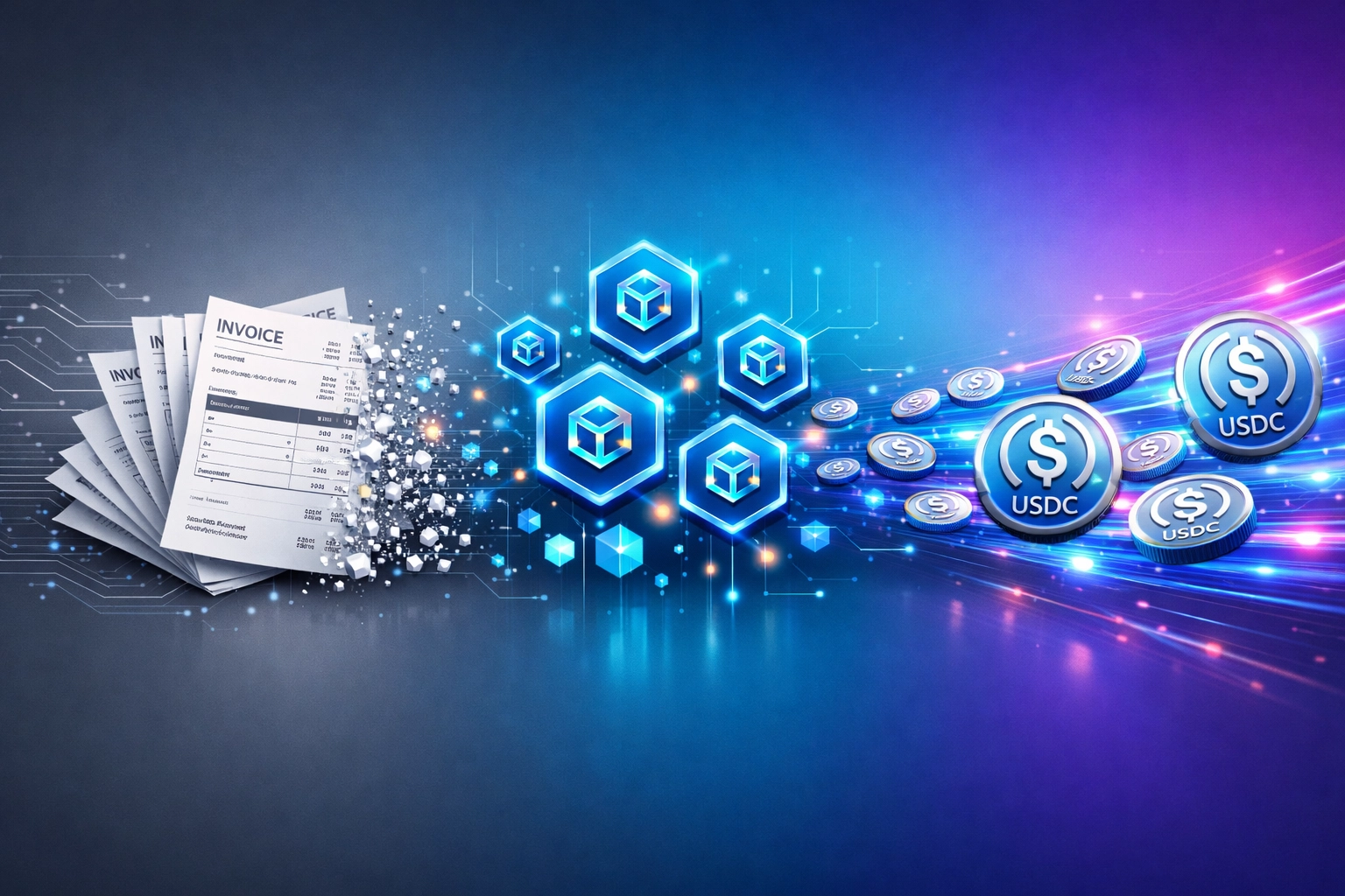Receivables tokenization process converting invoices to blockchain tokens and USDC stablecoins